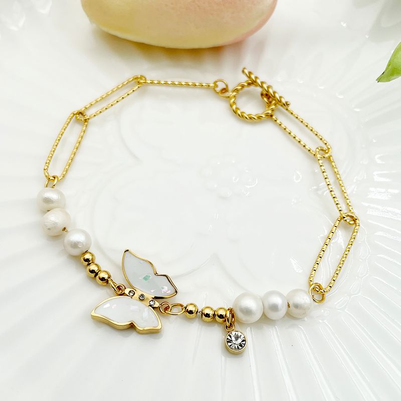 Simple Style Butterfly 304 Stainless Steel Gold Plated Pearl Shell Zircon Bracelets In Bulk
