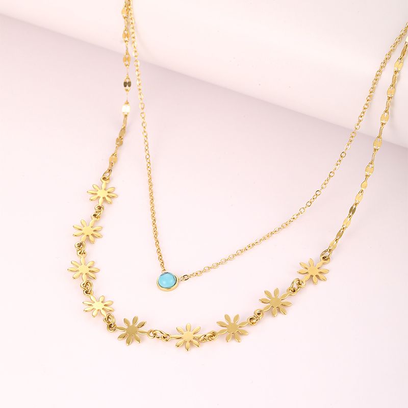 Stainless Steel Hip-Hop Cool Style Plating Inlay Flower Turquoise Double Layer Necklaces