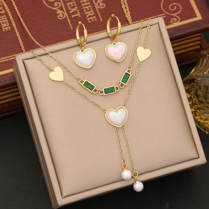 Acero Inoxidable Chapados en oro de 18k Dulce Enchapado Embutido Forma De Corazón Perlas Artificiales Circón Pulsera Aretes Collar