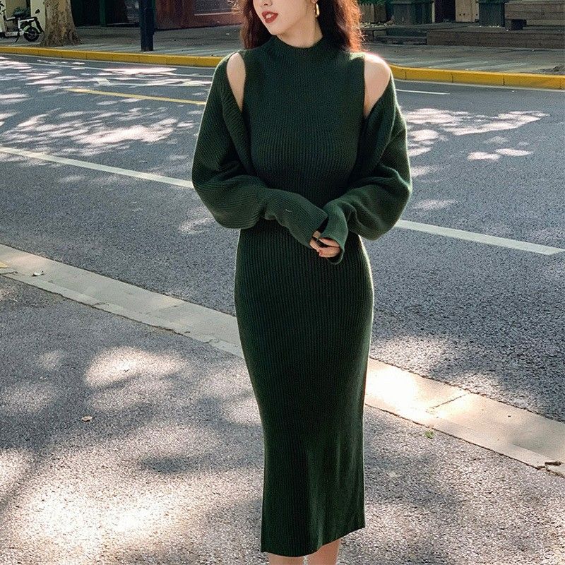 Femmes Robe Pull Décontractée Élégant Col Haut Manche Longue Couleur Unie Robe Mi-longue Du Quotidien Rue