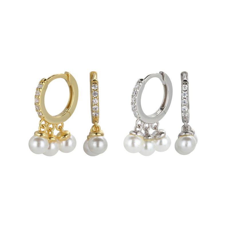 1 Pair Casual Simple Style Round Plating Inlay Sterling Silver Rhinestones Pearl White Gold Plated Gold Plated Drop Earrings