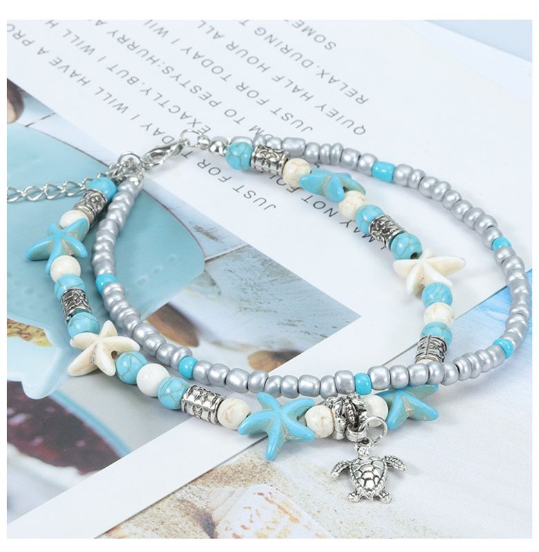 Vacation Beach Tortoise Starfish Dolphin Turquoise Glass Wholesale Anklet