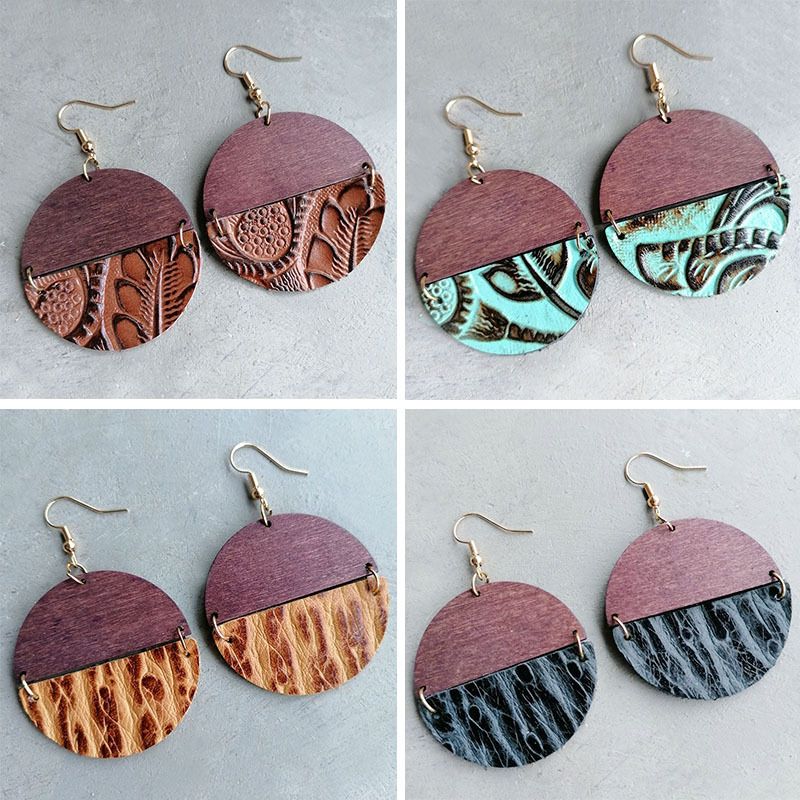 1 Pair Retro Round Patchwork Leather Drop Earrings