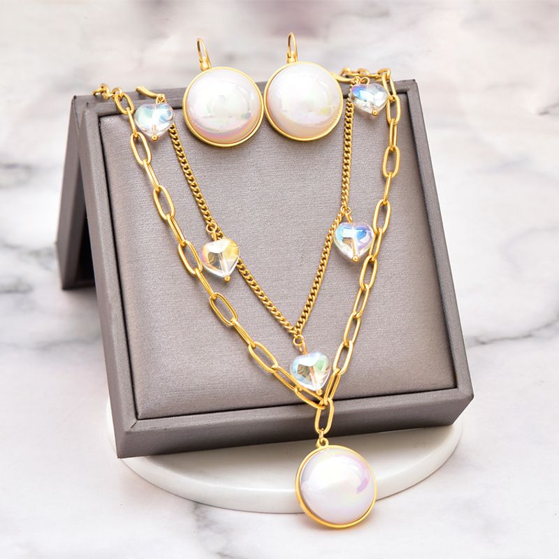 304 Stainless Steel 18K Gold Plated Lady Plating Inlay Round Heart Shape Artificial Pearls Glass Stone Earrings Necklace
