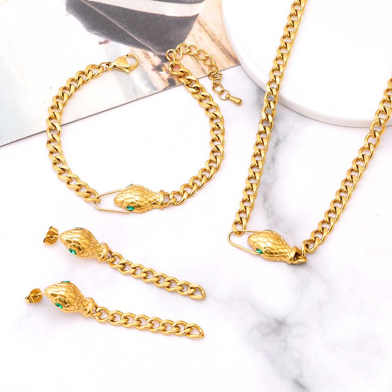 304 Stainless Steel 18K Gold Plated Hip-Hop Plating Inlay Snake Artificial Gemstones Bracelets Earrings Necklace