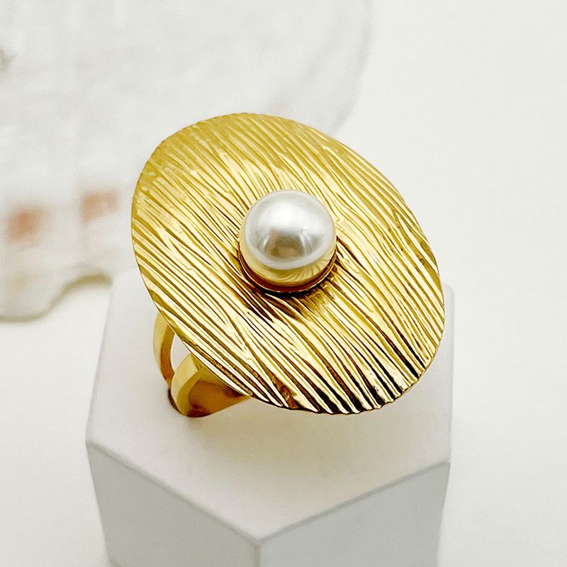 Edelstahl 304 Vergoldet Elegant Vintage-Stil Überzug Inlay Oval Perle Offener Ring