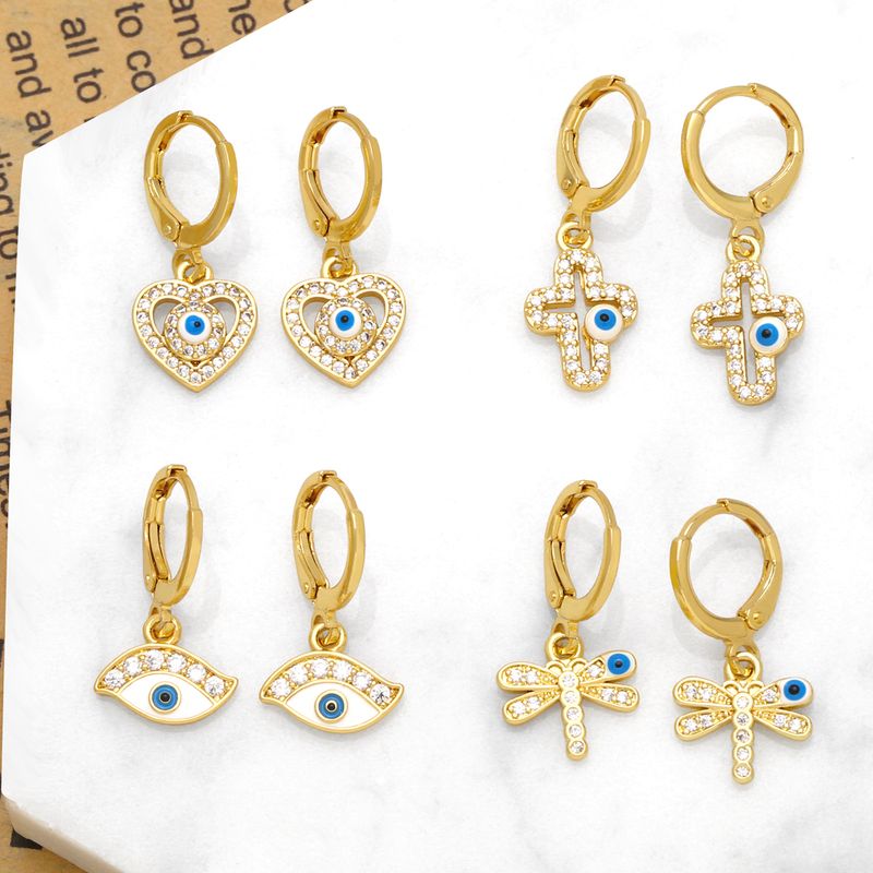 1 Par Diseño Original Ropa De Calle Cruzar Ojo Del Diablo Forma De Corazón Esmalte Enchapado Embutido Cobre Circón Chapado En Oro De 18 Quilates. Pendientes De Gota