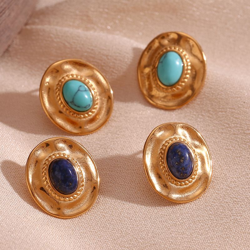 1 Par Estilo Vintage Oval Enchapado Embutido Acero Inoxidable Turquesa Chapado En Oro De 18 Quilates. Pendientes