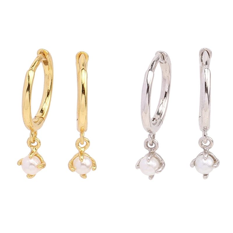 1 Pair Simple Style Round Plating Inlay Sterling Silver Artificial Pearls White Gold Plated Gold Plated Drop Earrings