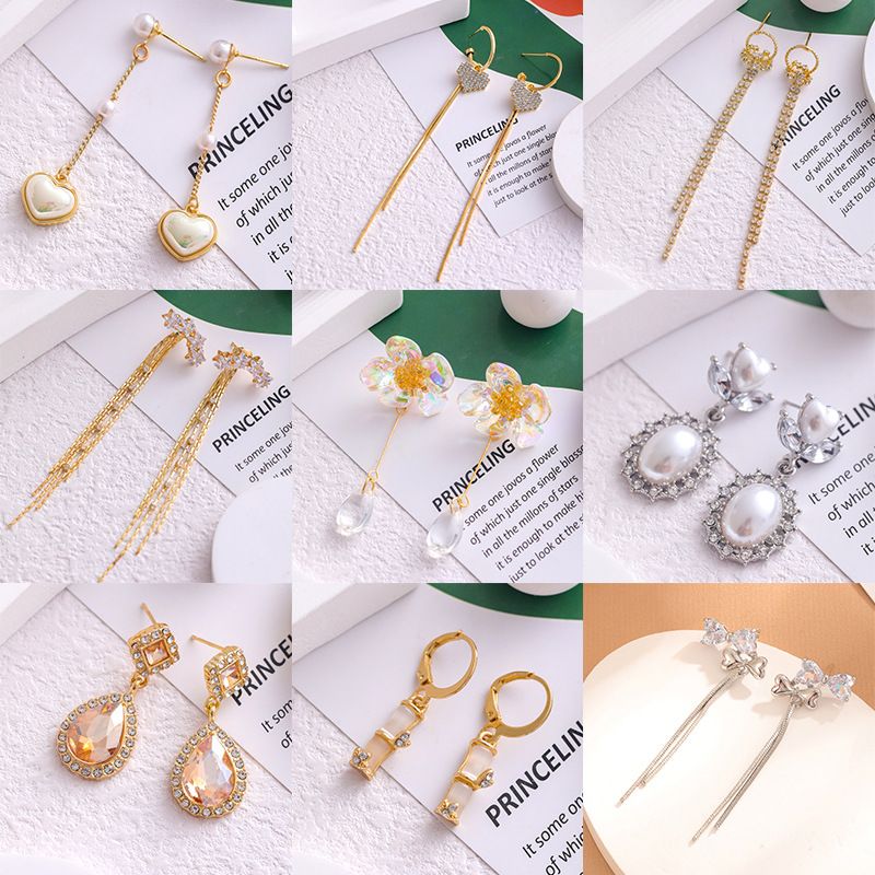 Wholesale Jewelry Sweet Heart Shape Flower Bow Knot Mixed Materials Rhinestones Pearl Plating Inlay Drop Earrings