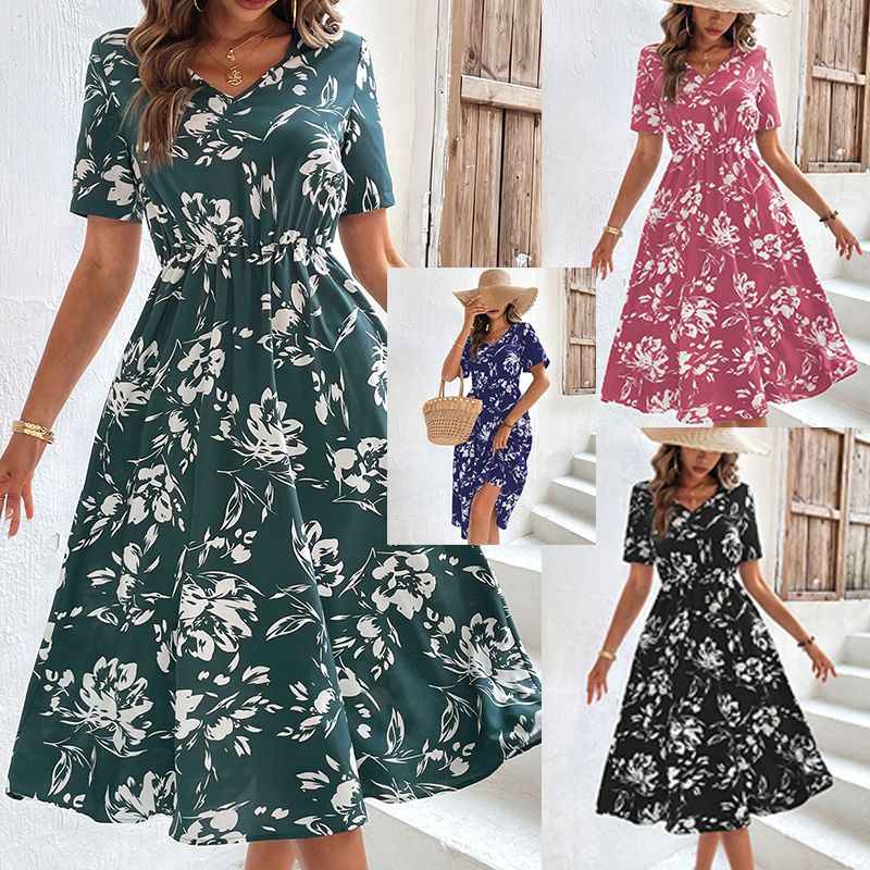 Frau Normales Kleid Lässig Elegant Einfacher Stil V-ausschnitt Drucken Kurzarm Blume Midi-kleid Ferien Täglich Straße