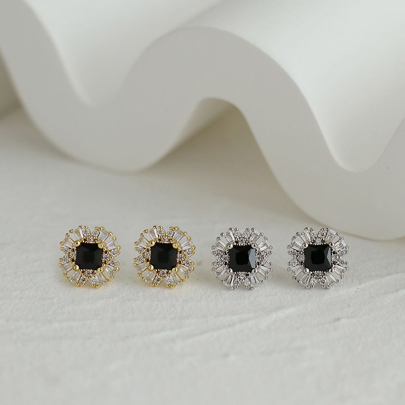 1 Pair Commute Flower Plating Inlay Sterling Silver Zircon 14k Gold Plated Ear Studs