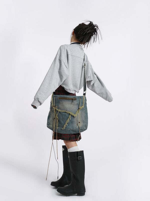 Women's Medium Denim Solid Color Vintage Style Square Flip Cover Crossbody Bag