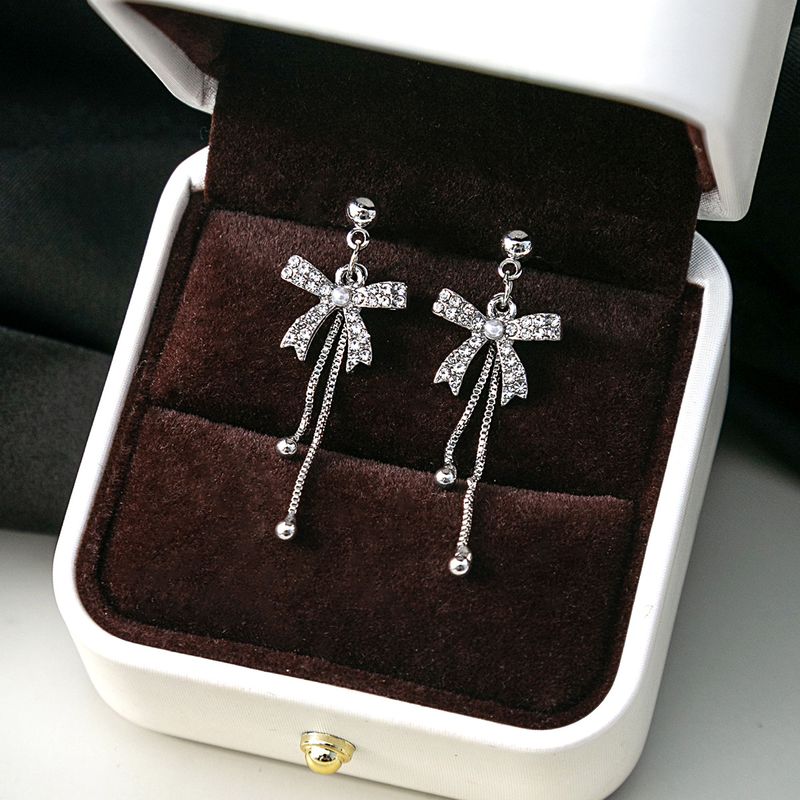 1 Pair Vintage Style Vacation Simple Style Bow Knot Plating Inlay Alloy Zircon Silver Plated Drop Earrings