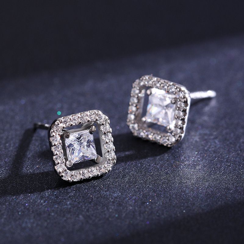 1 Pair Simple Style Square Inlay Sterling Silver Zircon Ear Studs