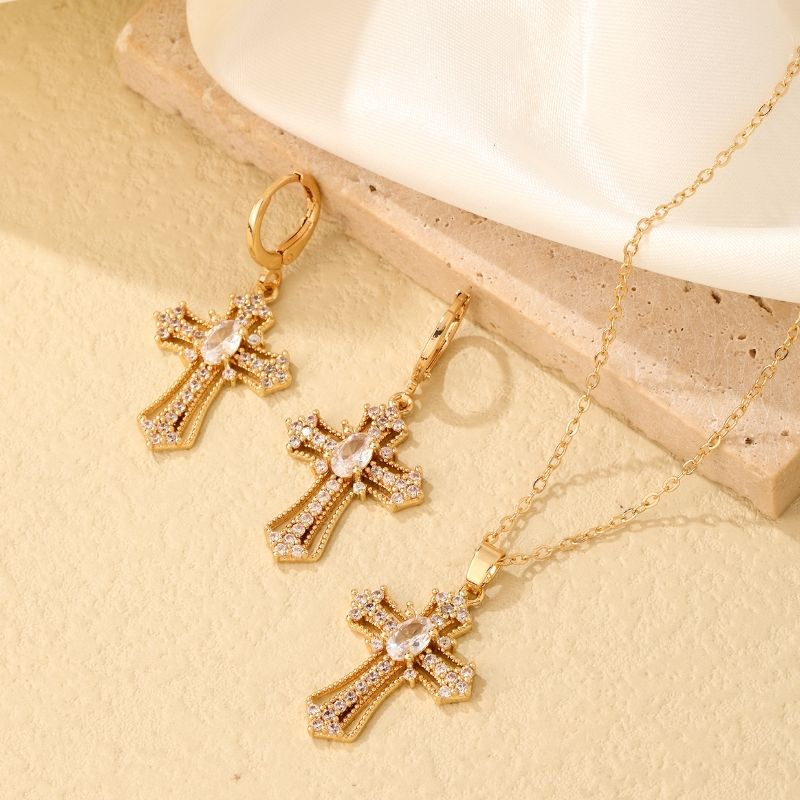 304 Stainless Steel Copper K Gold Plated Vintage Style Simple Style Plating Inlay Cross Zircon Earrings Necklace