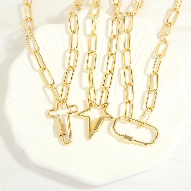 Hip Hop Einfacher Stil Pentagramm Kreuzen Oval Kupfer Überzug Inlay 18 Karat Vergoldet Halskette Mit Anhänger