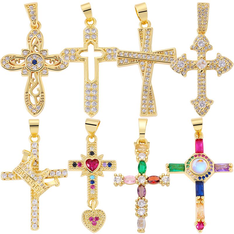 Classic Style Cross 18k Gold Plated White Gold Plated Zircon Copper Wholesale Charms