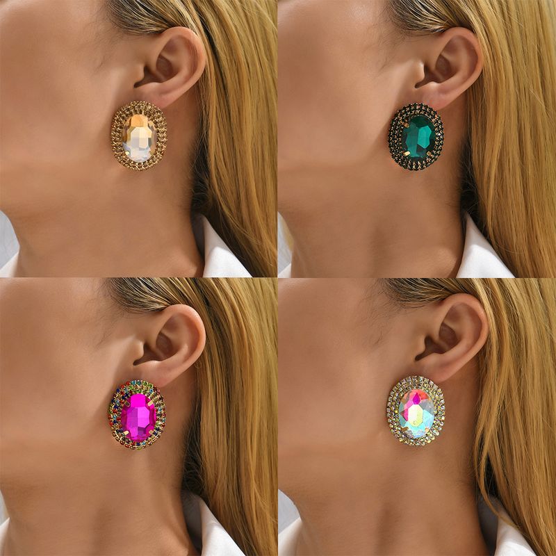 1 Pair Fashion Oval Metal Inlay Zircon Women's Ear Studs
