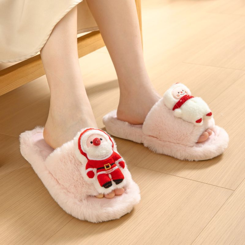 Women's Casual Cartoon Santa Claus Snowman Open Toe Plush Slippers