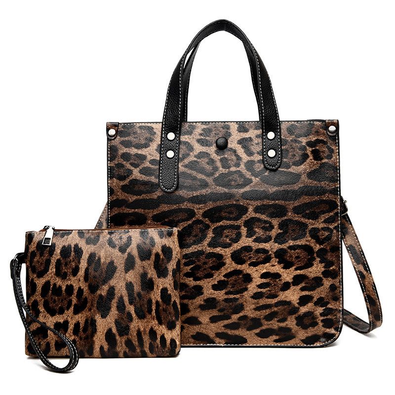 Women's Large Pu Leather Leopard Basic Streetwear Square Zipper Bag Sets Handbag Crossbody Bag