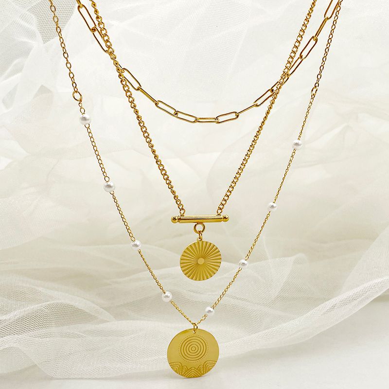 304 Stainless Steel Gold Plated Simple Style Commute Layered Pearl Plating Round Pearl Beads Three Layer Necklace