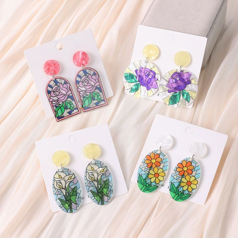 1 Paire Sucré Tournesol Rose Chrysanthème Impression Fleurs Arylique Boucles D'oreilles Pendantes