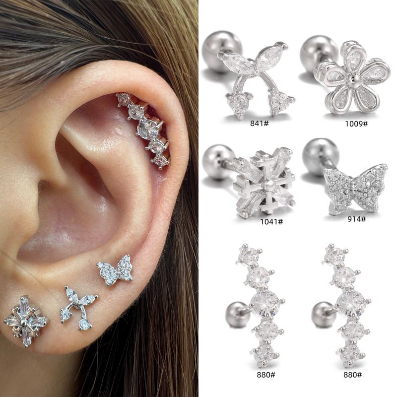 1 Pièce Style Ig Style Simple Géométrique Fleur Papillon Placage Incruster Laiton Zircon Plaqué Or 18k Or Blanc Plaqué Boucles D'oreilles