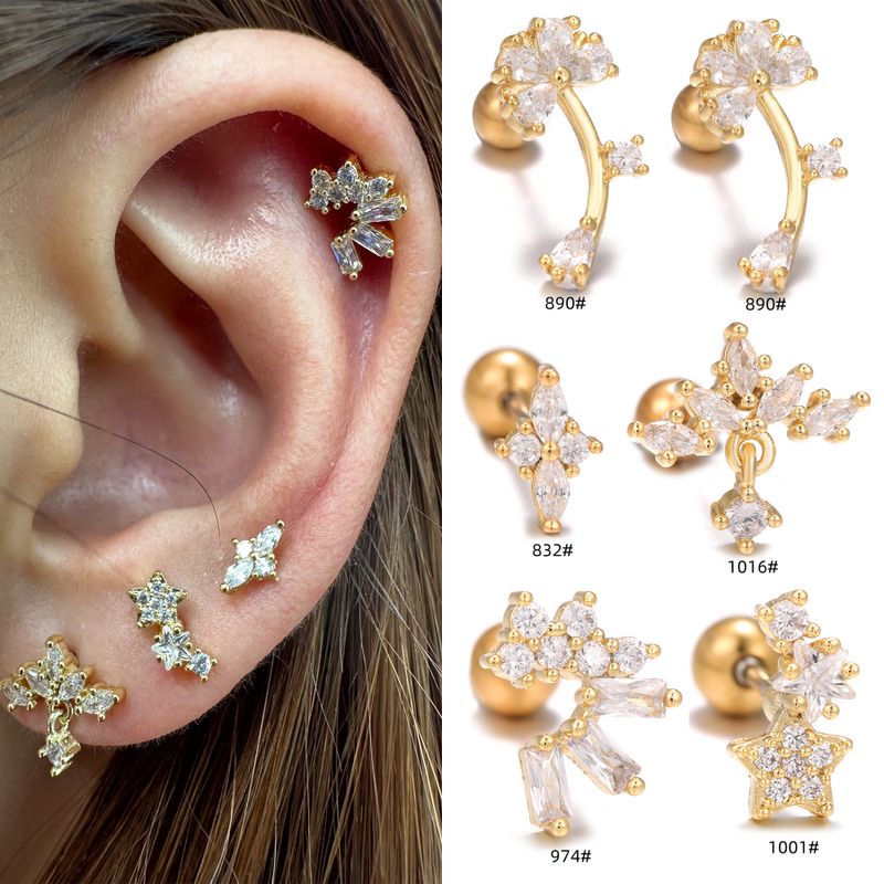 1 Piece Ig Style Simple Style Geometric Flower Plating Inlay Brass Zircon 18k Gold Plated White Gold Plated Ear Studs