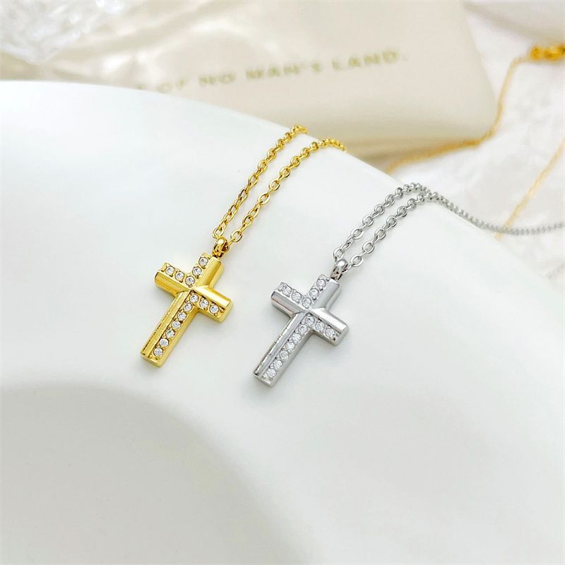 Simple Style Classic Style Cross Stainless Steel Plating Inlay Zircon White Gold Plated Gold Plated Women's Pendant Necklace