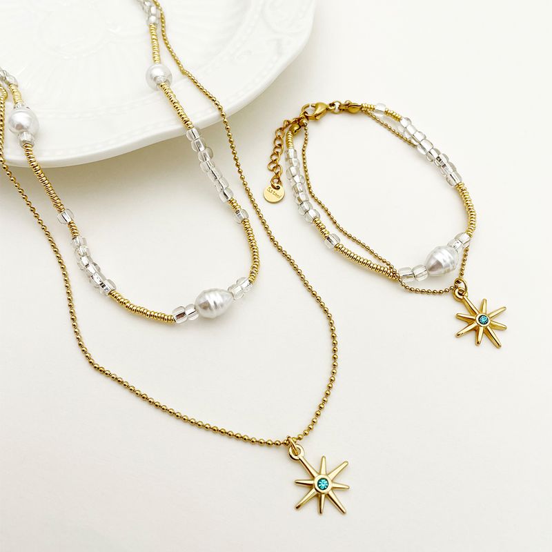 304 Stainless Steel Beaded Gold Plated Glam Commute Plating Inlay Star Crystal Beads Zircon Bracelets Necklace
