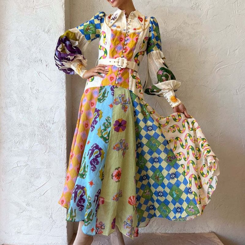 Women's Swing Dress Casual Ethnic Style Turndown Printing Long Sleeve Geometric Maxi Long Dress Travel Daily
