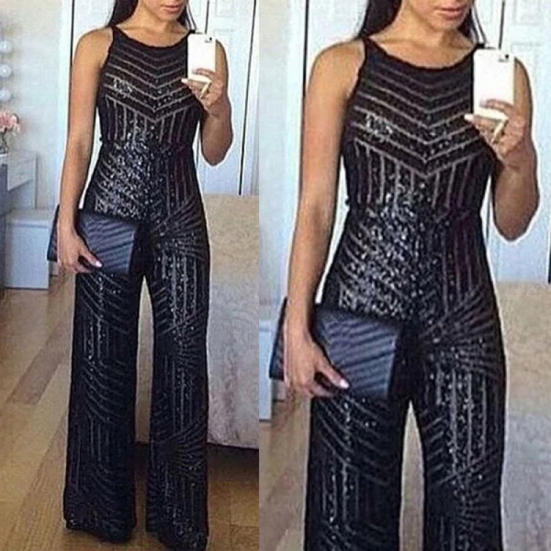 Women's Party Street Sexy Stripe Full Length Sequins Jumpsuits