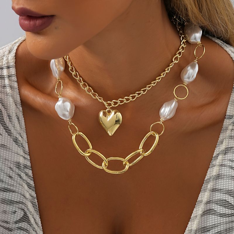Wholesale Jewelry Hip-Hop Sweet Heart Shape Imitation Pearl Iron Aluminum Layered Plating Layered Necklaces