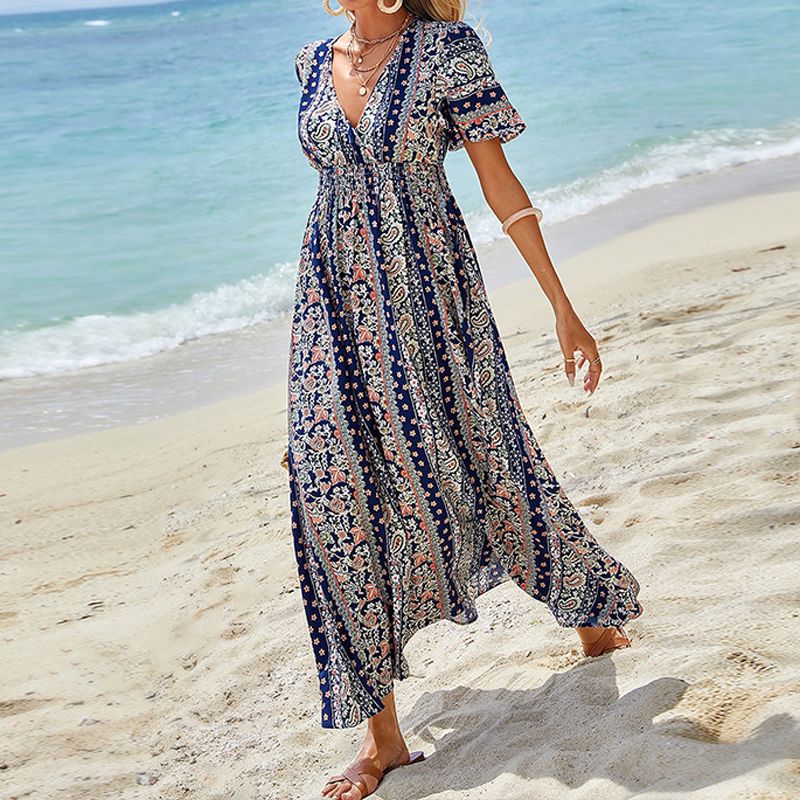 امرأة فستان عادي فستان الشمس أنيق البوهيمي رقبة على شكل V كم قصير طباعة فستان طويل ماكسي يوم الاجازة شاطئ بحر