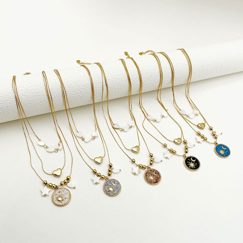 304 Stainless Steel Gold Plated IG Style Simple Style Enamel Plating Sun Moon Heart Shape Shell Three Layer Necklace
