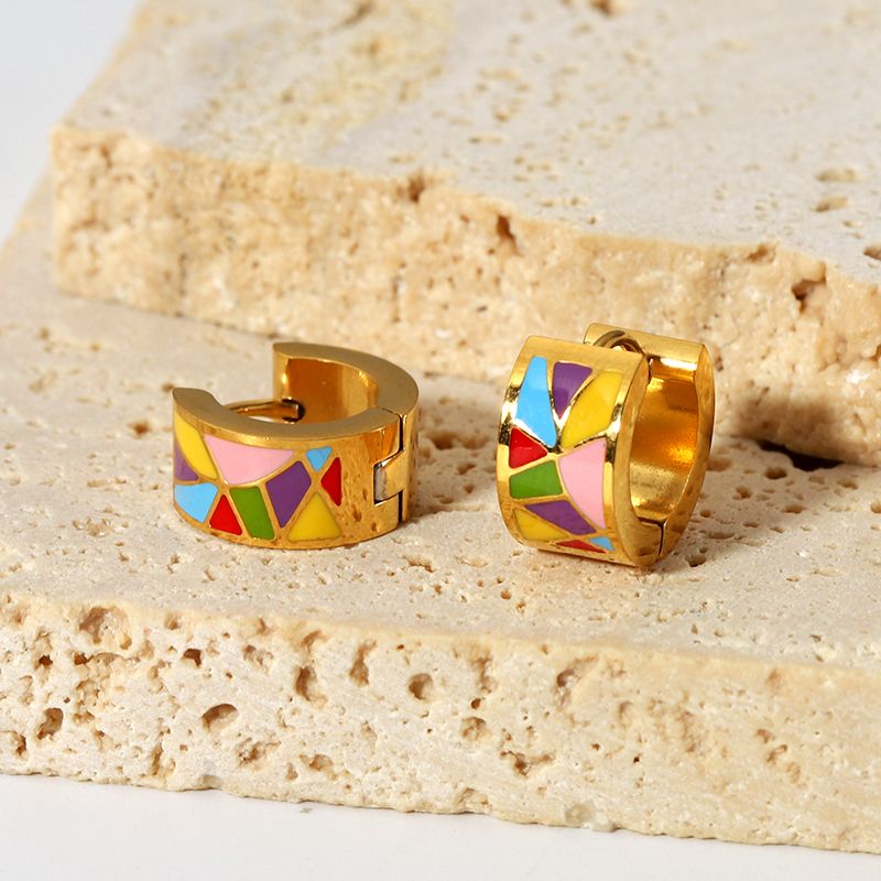 1 Pair IG Style Color Block Epoxy Plating 201 Stainless Steel 18K Gold Plated Earrings