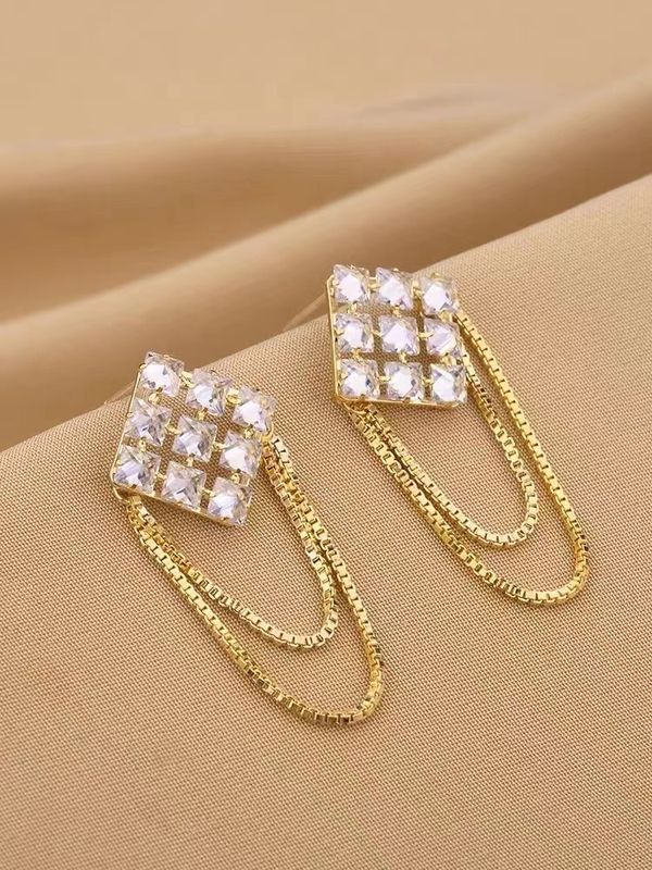 1 Paar Dame Quaste Rhombus Inlay Kupfer Künstlicher Diamant Tropfenohrringe