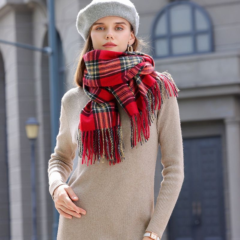 Korean Style Contrast Color Check Retro Artificial Cashmere Scarf Women's Winter Neck Warmer Warm All-matching Fashion Ins Factory Wholesale