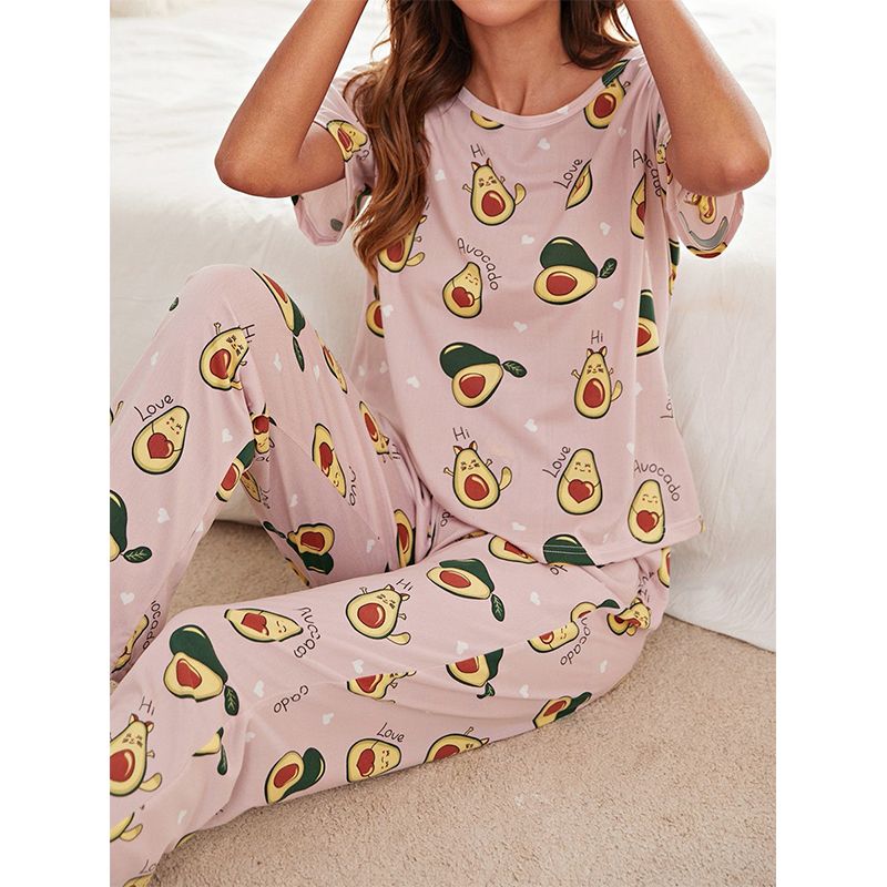Home Women's Casual Avocado Polyester Milk Fiber Printing Pants Sets Pajama Sets