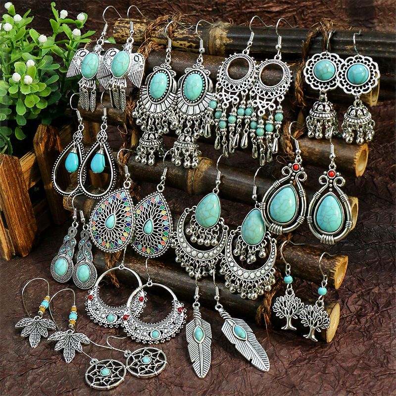 Wholesale Jewelry Bohemian Round Water Droplets Arylic Turquoise Tassel Hollow Out Inlay Drop Earrings