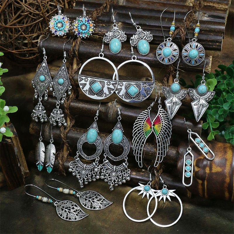 Wholesale Jewelry Casual Bohemian Round Rhombus Alloy Turquoise Hollow Out Inlay Drop Earrings