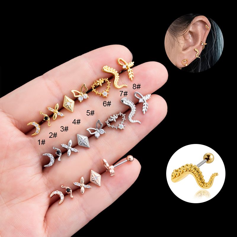 1 Piece Ear Cartilage Rings & Studs Vintage Style French Style Simple Style Moon Heart Shape Butterfly 316 Stainless Steel  Copper Plating Inlay Zircon
