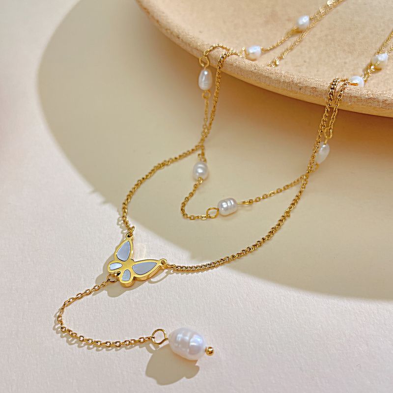 304 Stainless Steel Freshwater Pearl IG Style French Style Inlay Butterfly Freshwater Pearl Shell Double Layer Necklaces