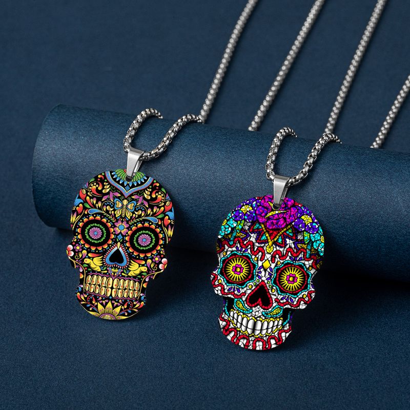 Funny Skull Titanium Steel Printing Halloween Unisex Pendant Necklace