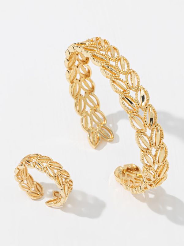 Glam Retro Luxurious Leaf Copper 18k Gold Plated Zircon Rings Bracelets In Bulk