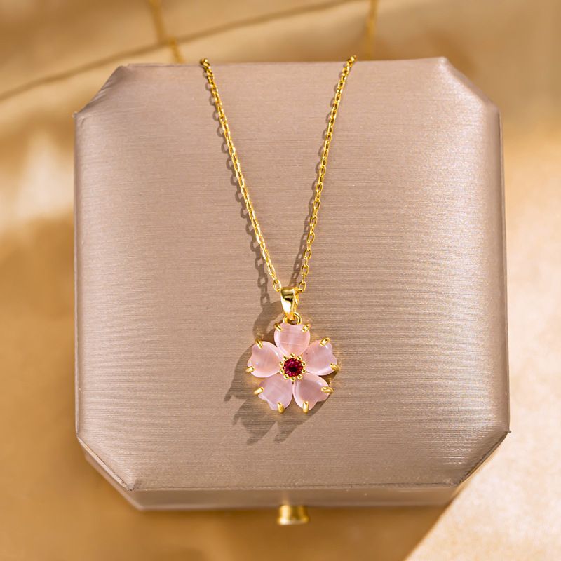 304 Stainless Steel Elegant Lady Inlay Flower Opal Pendant Necklace