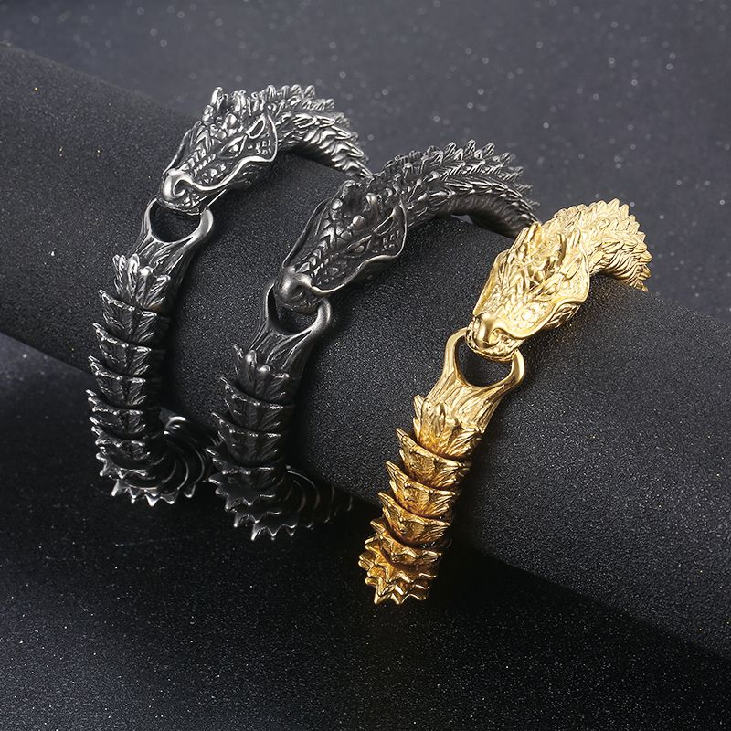 Hip-Hop Rock Solid Color Dragon Stainless Steel 18K Gold Plated Bracelets In Bulk