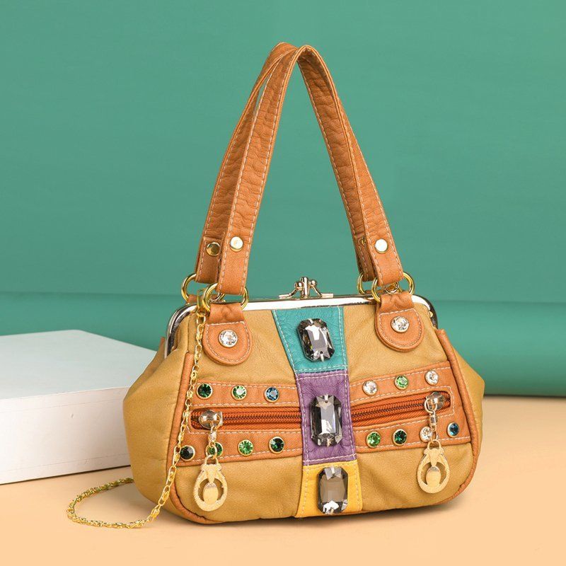 Women's Small Pu Leather Color Block Vintage Style Pillow Shape Magnetic Buckle Shoulder Bag Handbag Crossbody Bag