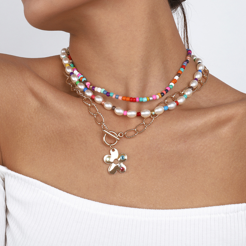 Bohemian Modern Style Simple Style Flower Imitation Pearl Alloy Seed Bead Beaded Inlay Rhinestones Women's Necklace